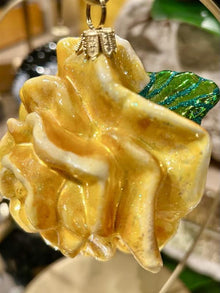Hand painted yellow glass rose holiday ornament.