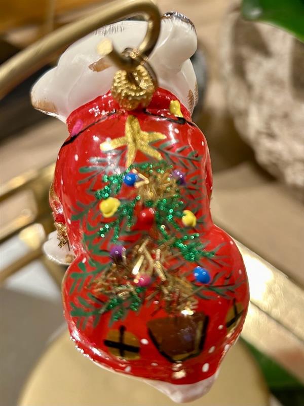 Bulldog holiday ornament with festive jacket.