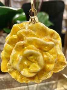 Hand painted yellow glass rose holiday ornament.