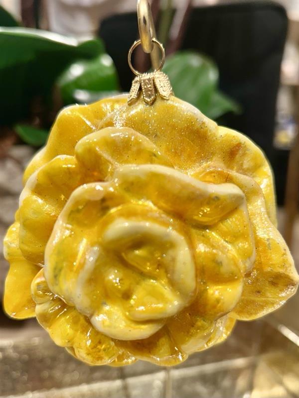 Hand painted yellow glass rose holiday ornament.